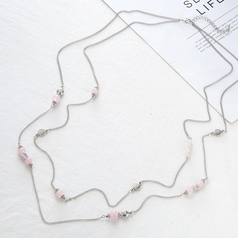 BULINLIN Layered Silver Long Necklace for Women Turquoise Stone Beaded Strand Sweater Chain Necklaces Fashion Costume Jewelry Gifts for Mom - Image 2